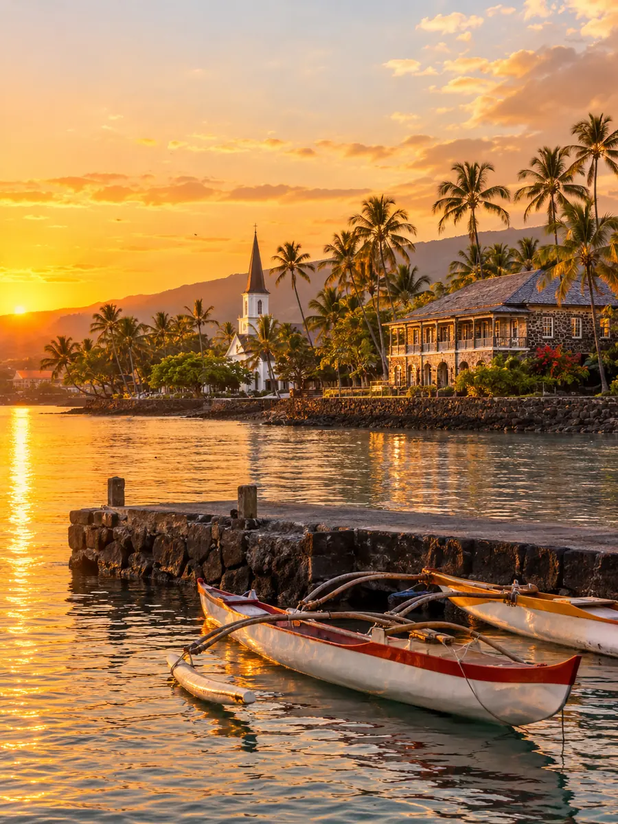 The Kailua-Kona waterfront at golden hour with outrigger canoes by the stone pier and a white church steeple among palms