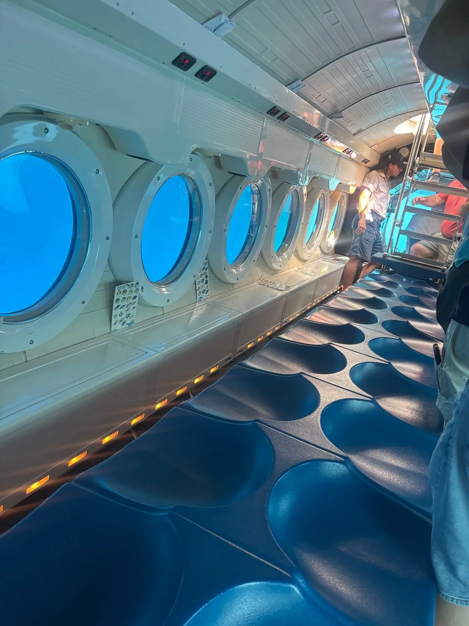 Guest photo of the submarine cabin with a row of round portholes and blue seats