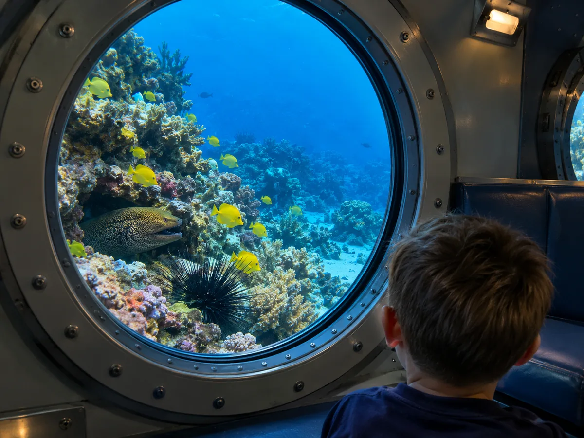A child looking through a submarine porthole at a reef with fish and a moray eel